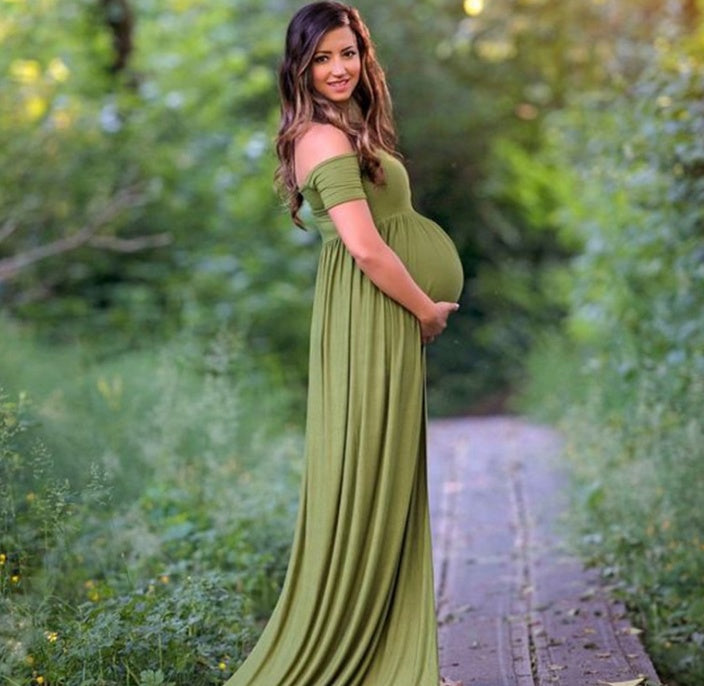 Mune's Cradle Floor Length Solid Color Stretchy Off-Shoulder Maternity Dress