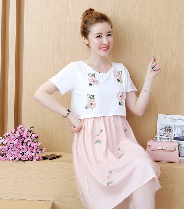 Mune's Cradle Lift-Up Breastfeeding Dress with Embroidered Floral Sheer Skirt