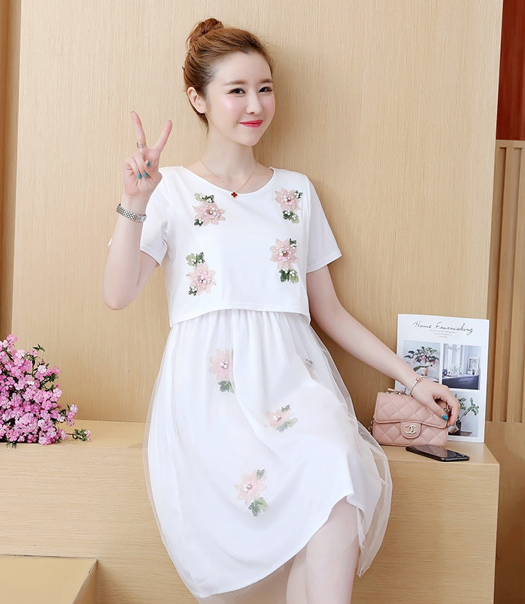 Mune's Cradle Lift-Up Breastfeeding Dress with Embroidered Floral Sheer Skirt