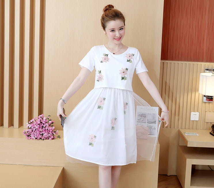 Mune's Cradle Lift-Up Breastfeeding Dress with Embroidered Floral Sheer Skirt