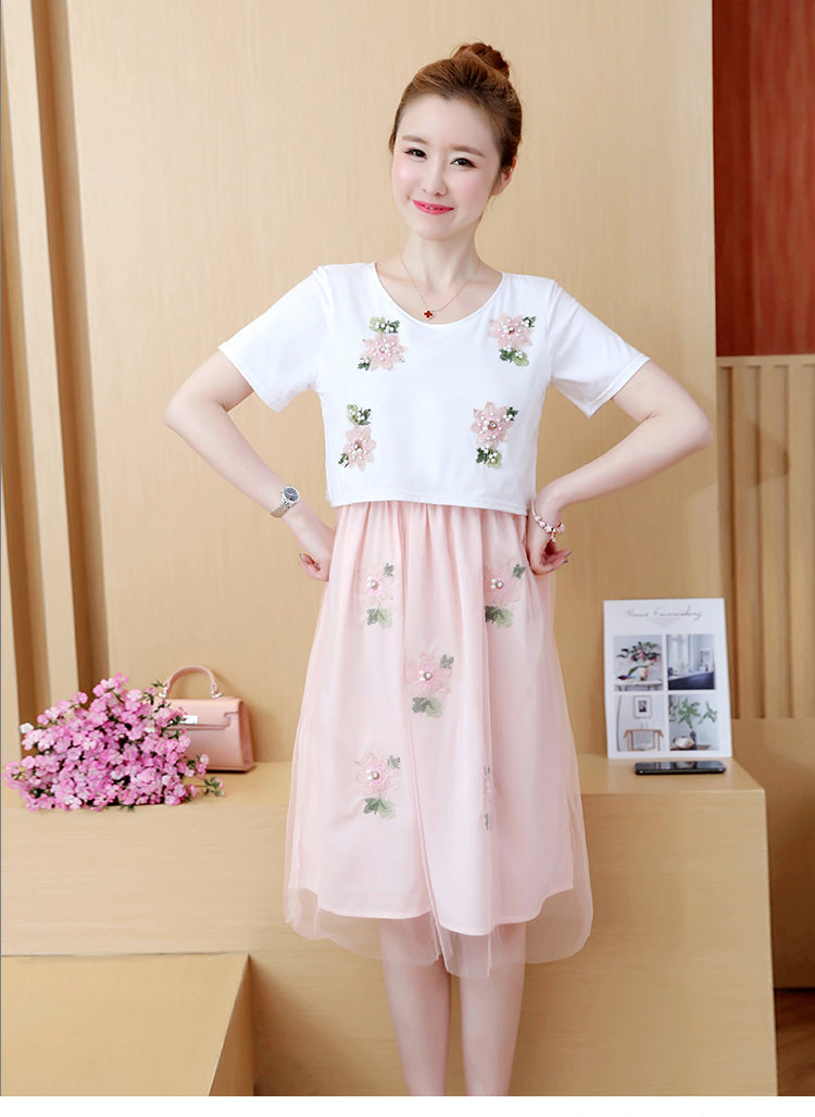 Mune's Cradle Lift-Up Breastfeeding Dress with Embroidered Floral Sheer Skirt
