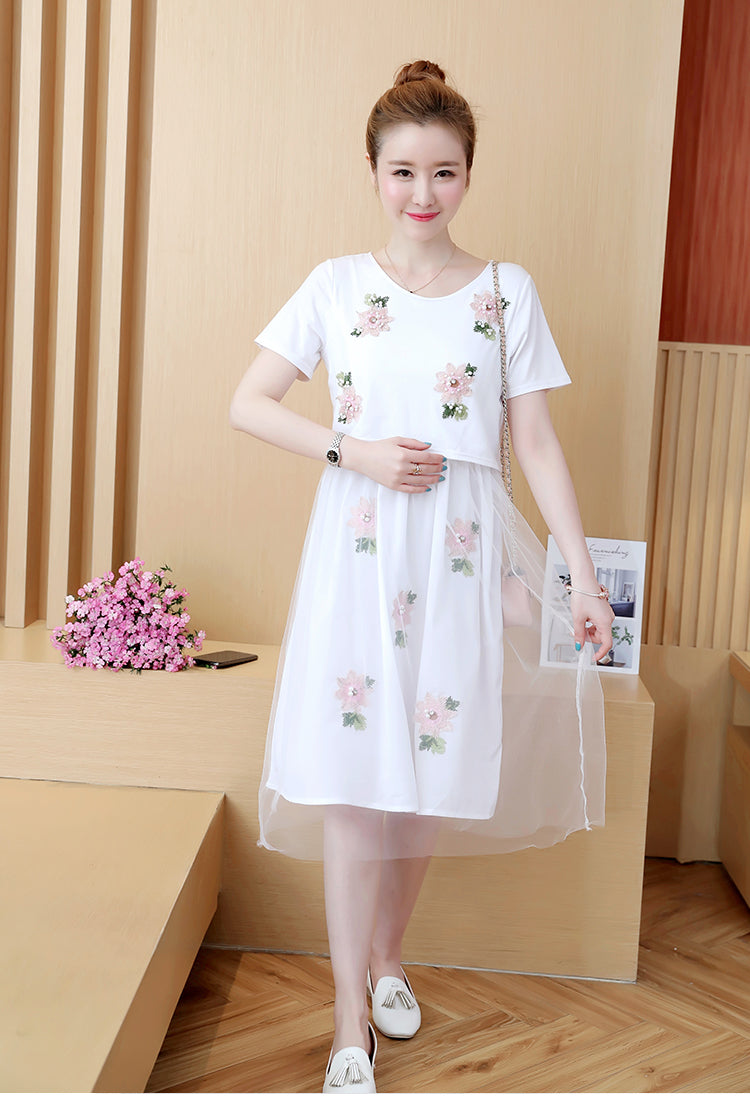 Mune's Cradle Lift-Up Breastfeeding Dress with Embroidered Floral Sheer Skirt