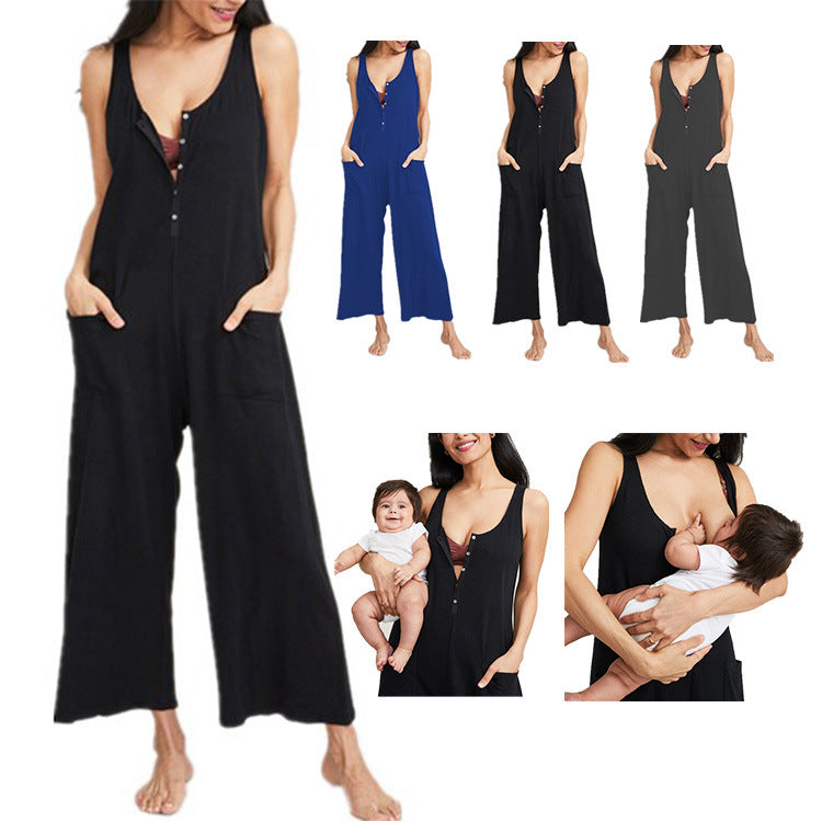 Mune's Cradle Button-Down Breastfeeding Jumpsuit with Strap Sleeves