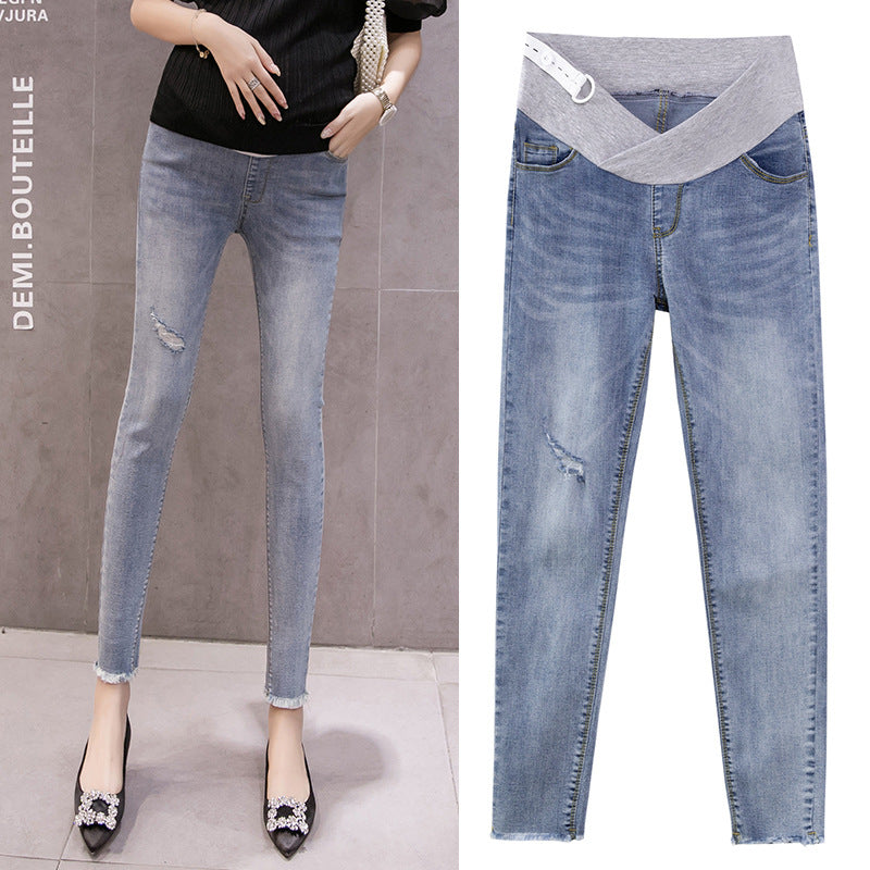 Mune's Cradle Maternity Jean Style Pants - High Rise V Cut Panel Stretch Denim Look