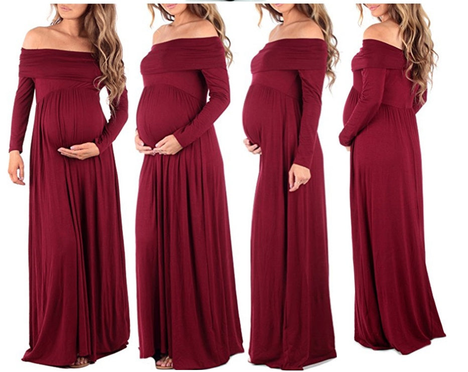 Mune's Cradle Floor Length Solid Color Stretchy Off-Shoulder Maternity Dress