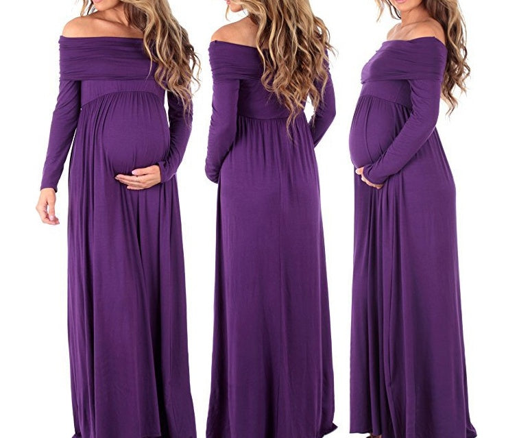 Mune's Cradle Floor Length Solid Color Stretchy Off-Shoulder Maternity Dress
