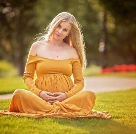 Mune's Cradle Floor Length Solid Color Stretchy Off-Shoulder Maternity Dress