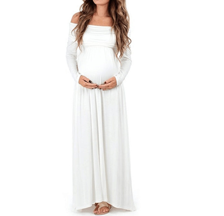 Mune's Cradle Floor Length Solid Color Stretchy Off-Shoulder Maternity Dress