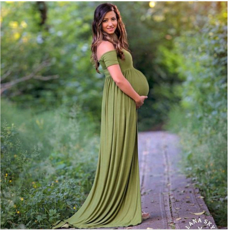 Mune's Cradle Floor Length Solid Color Stretchy Off-Shoulder Maternity Dress