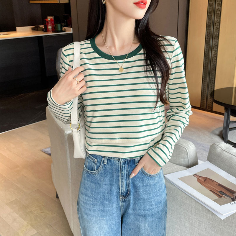Mune's Cradle Striped Lift Up Breastfeeding Shirt - Soft Cotton Nursing Top
