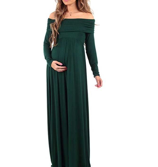 Mune's Cradle Floor Length Solid Color Stretchy Off-Shoulder Maternity Dress