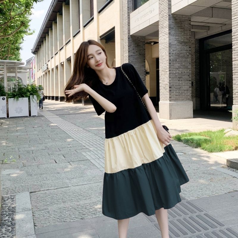 Mune's Cradle Loose Fit Below Knee Color Block Maternity Dress