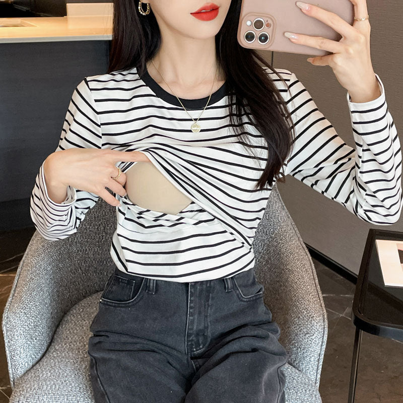 Mune's Cradle Striped Lift Up Breastfeeding Shirt - Soft Cotton Nursing Top