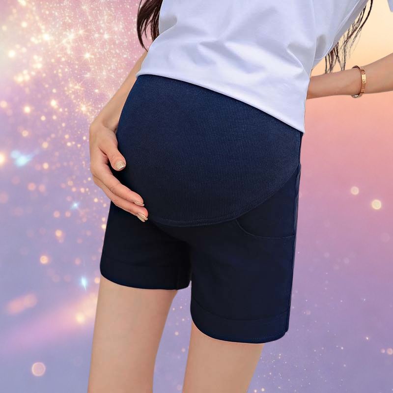 Mune's Cradle Stretchy High Rise Pregnancy Shorts with Pockets & Adjustable Waistband