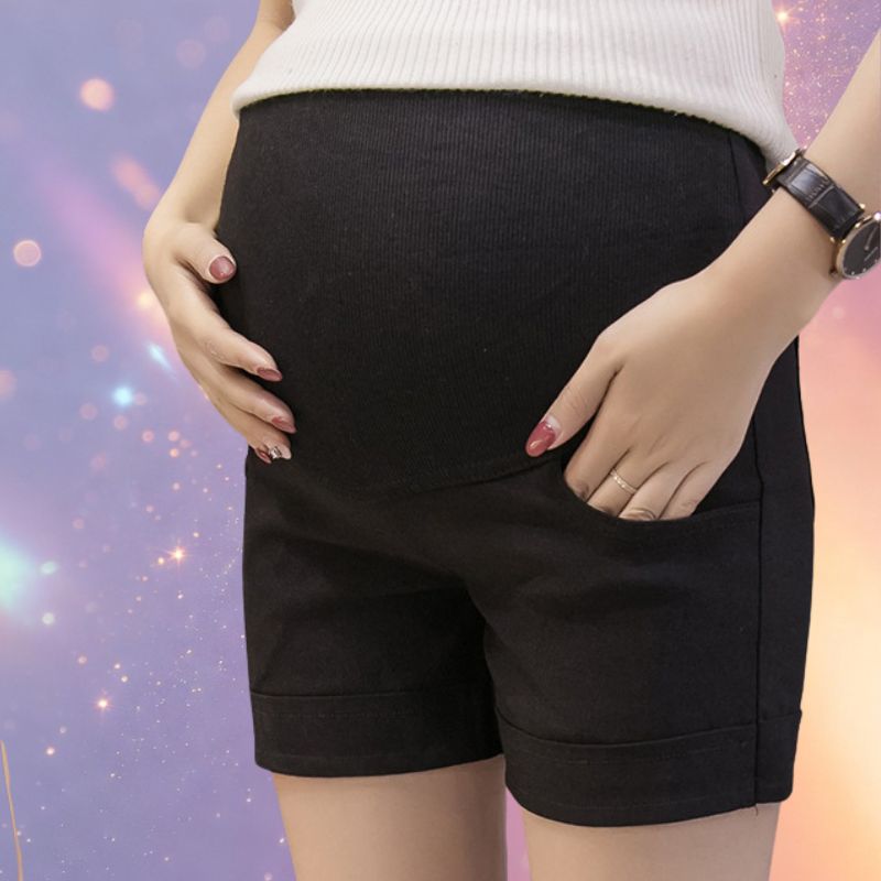 Mune's Cradle Stretchy High Rise Pregnancy Shorts with Pockets & Adjustable Waistband