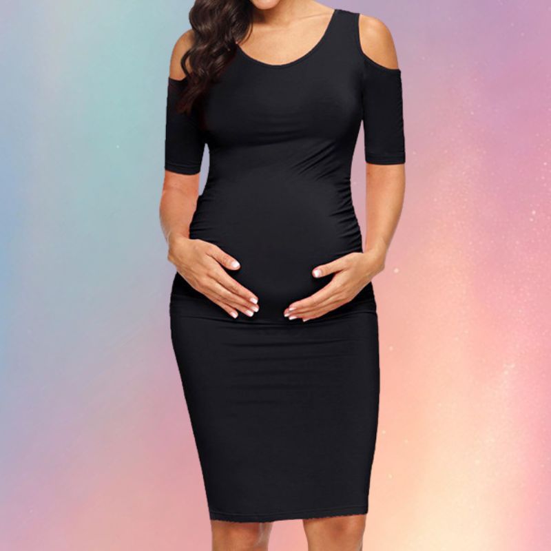 Mune's Cradle Stretchy Milk Silk Knee Length Off-Shoulder Maternity Dress