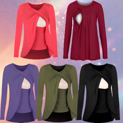 Mune's Cradle Long Sleeve Breastfeeding Blouse with Easy Flip Access - Soft Cotton