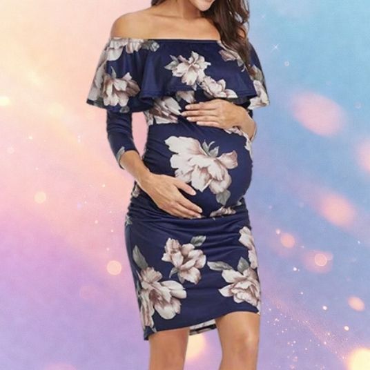 Mune's Cradle Floral Off-Shoulder Stretchy Knee Length Maternity Dress