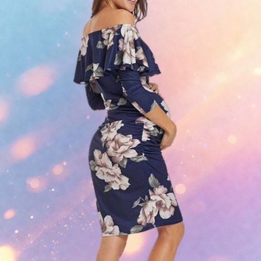 Mune's Cradle Floral Off-Shoulder Stretchy Knee Length Maternity Dress
