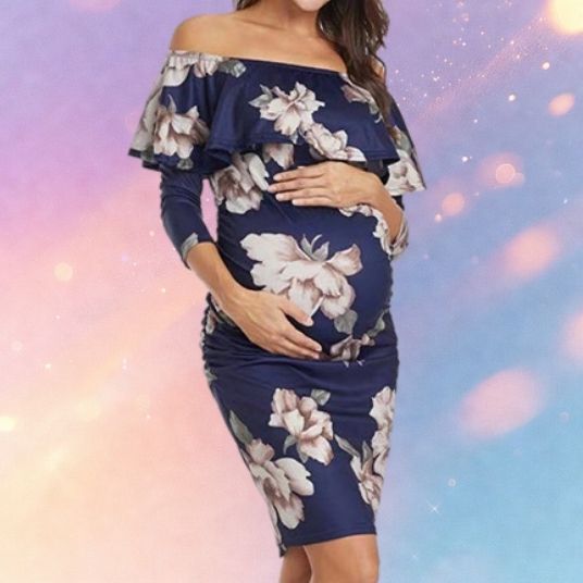 Mune's Cradle Floral Off-Shoulder Stretchy Knee Length Maternity Dress