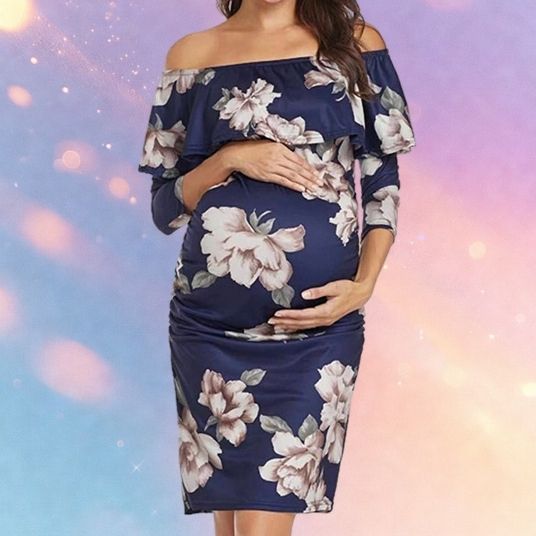 Mune's Cradle Floral Off-Shoulder Stretchy Knee Length Maternity Dress