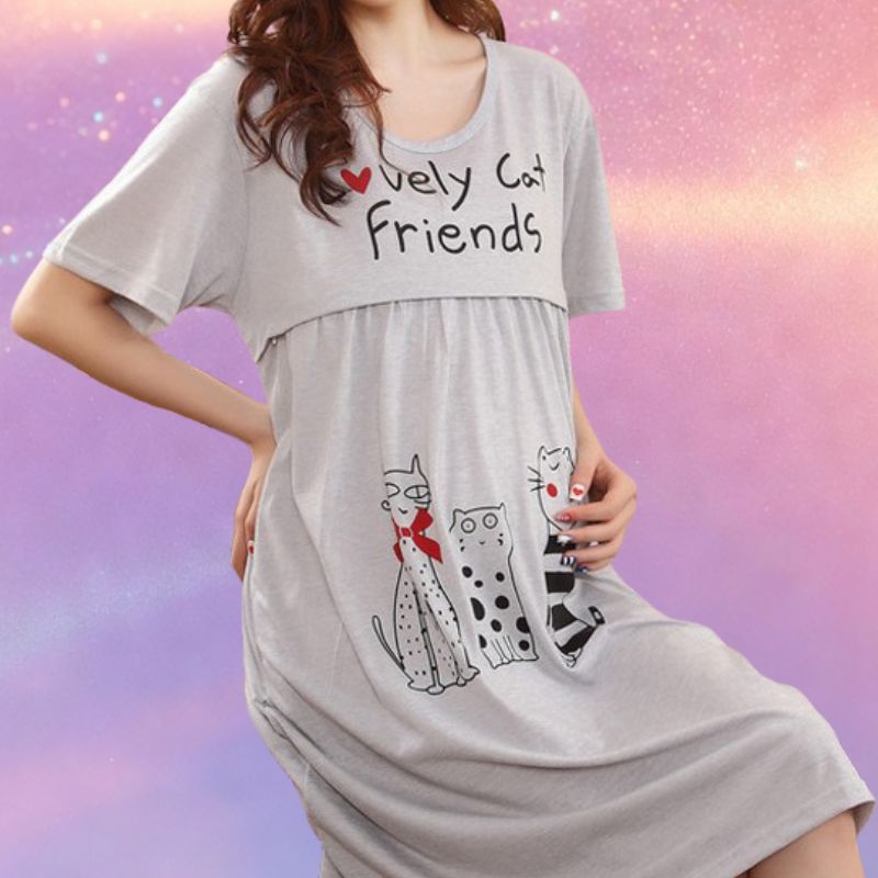 Mune's Cradle Cat Print Breastfeeding Dress - Lift-Up Access