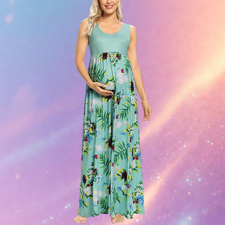 Mune's Cradle Floor Length Floral Pregnancy Dress in Green or Turquoise