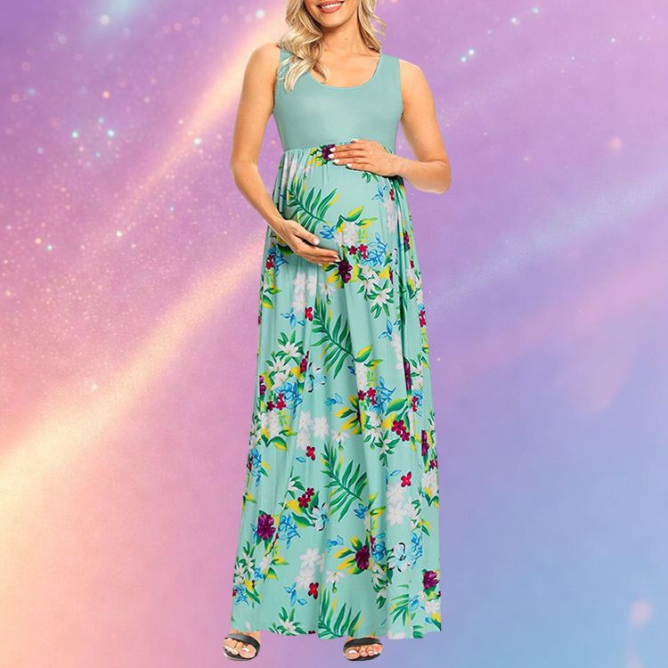 Mune's Cradle Floor Length Floral Pregnancy Dress in Green or Turquoise