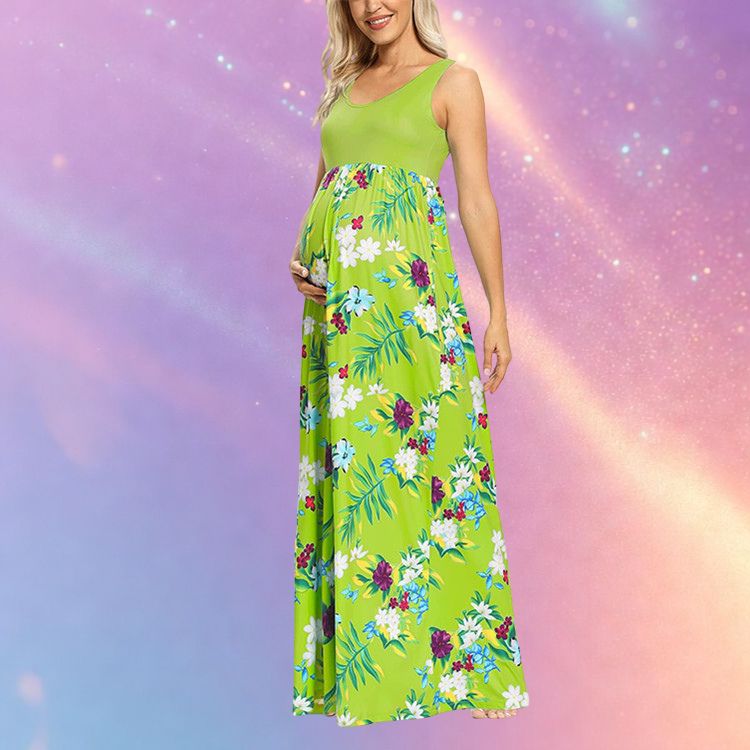 Mune's Cradle Floor Length Floral Pregnancy Dress in Green or Turquoise