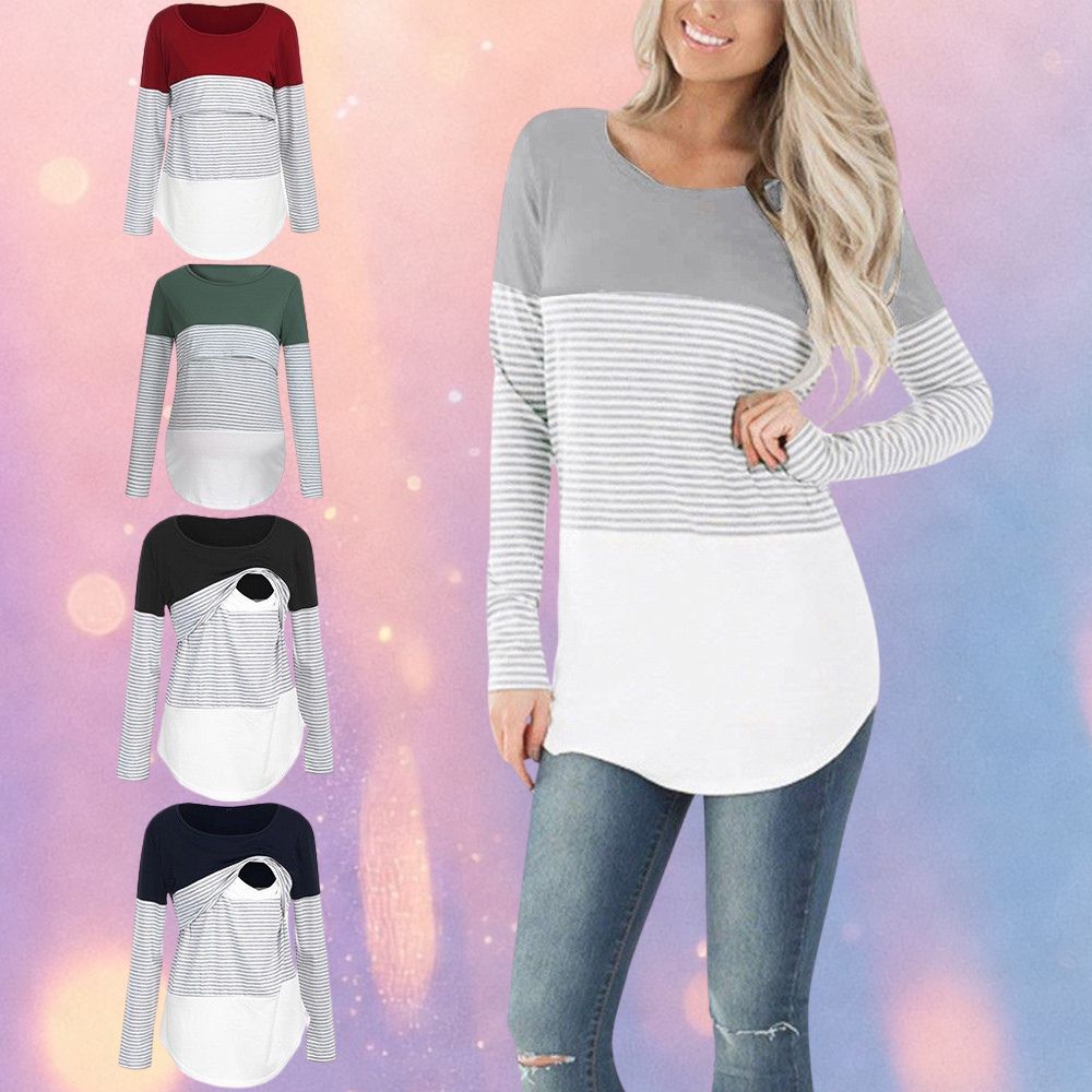 Mune's Cradle Long Sleeve Lift-Up Nursing Shirt - Striped Torso Detail