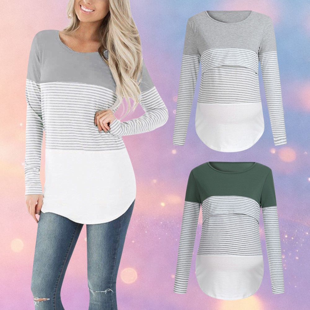 Mune's Cradle Long Sleeve Lift-Up Nursing Shirt - Striped Torso Detail