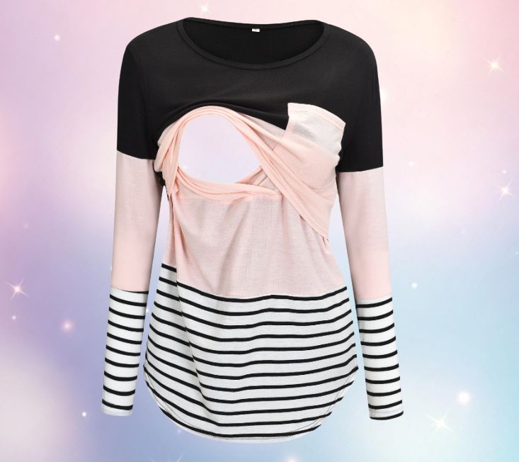 Mune's Cradle Long Sleeve Lift-Up Breastfeeding Shirt - Striped Sleeves & Torso
