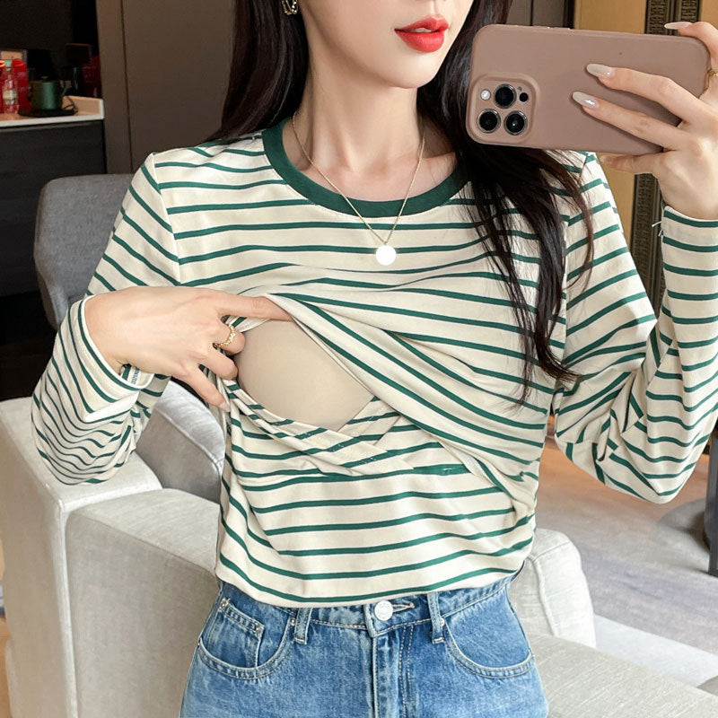 Mune's Cradle Striped Lift Up Breastfeeding Shirt - Soft Cotton Nursing Top