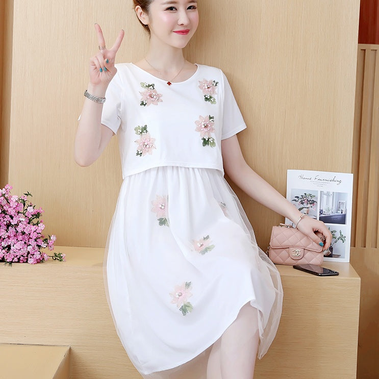 Mune's Cradle Lift-Up Breastfeeding Dress with Embroidered Floral Sheer Skirt