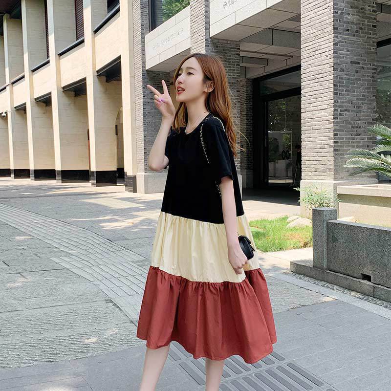 Mune's Cradle Loose Fit Below Knee Color Block Maternity Dress