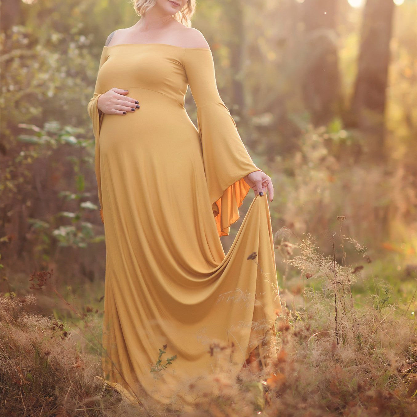 Mune's Cradle Long Flowy Bell Sleeve Pregnancy Photoshoot Dress